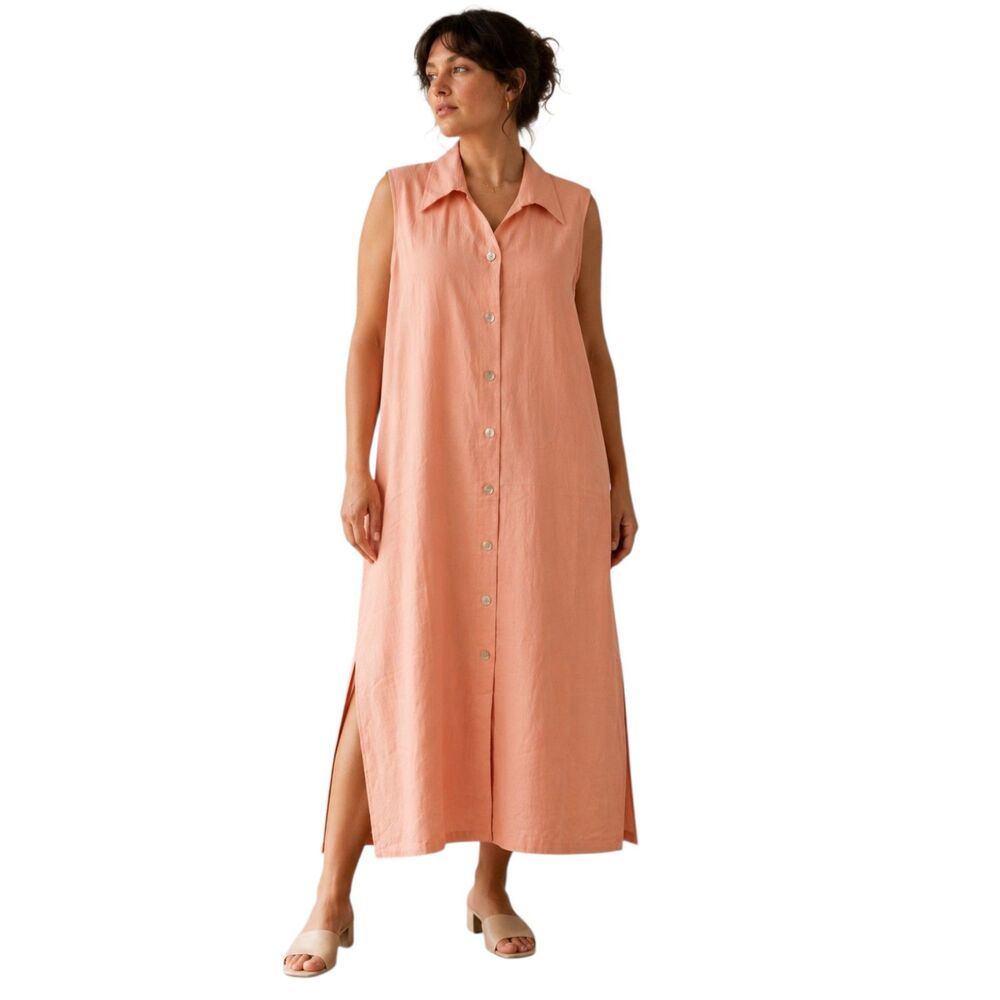 Vintage 90s Mikabe Linen Blend Peach Shirtdress Button Front Slits Women Large
